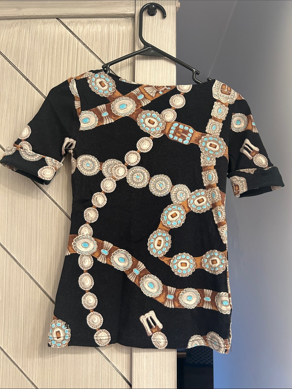 Ralph Lauren Black Shirt with Brown and Turquoise Chain Print.